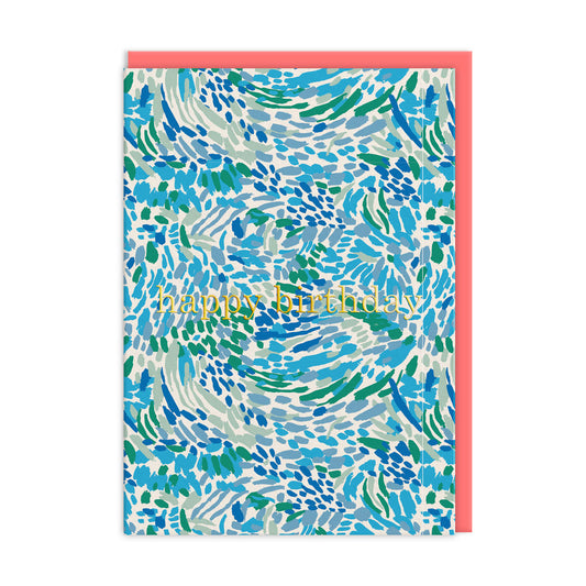 Birthday card with a vivid blue abstract design by Emily Taylor with gold foil text that reads Happy Birthday