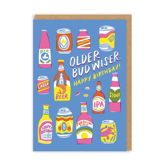 Blue birthday card with beer illustrations and caption saying Older Budweiser Happy Birthday