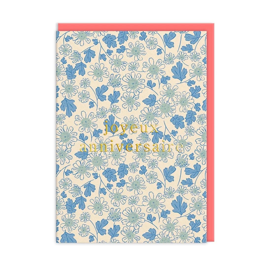 Joyeux Anniversaire Blue Daises Greeting Card