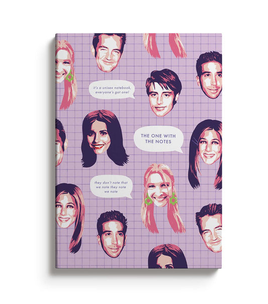 Purple Notebook with illustrations of characters from Friends. Text reads The One With The Notes