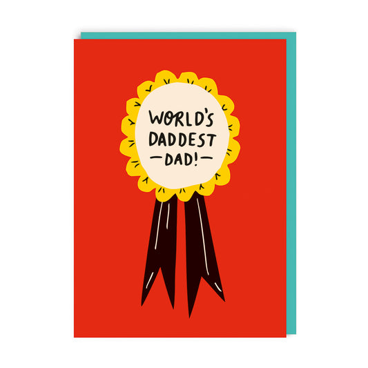 Father's Day Card with a ribbon on it. Text reads World's Daddest Dad