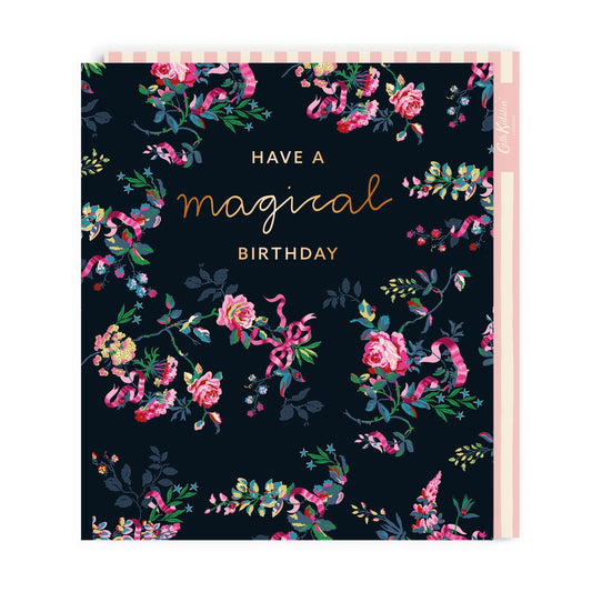 Dark floral design birthday card with gold foil lettering that reads Have A Magical Birthday
