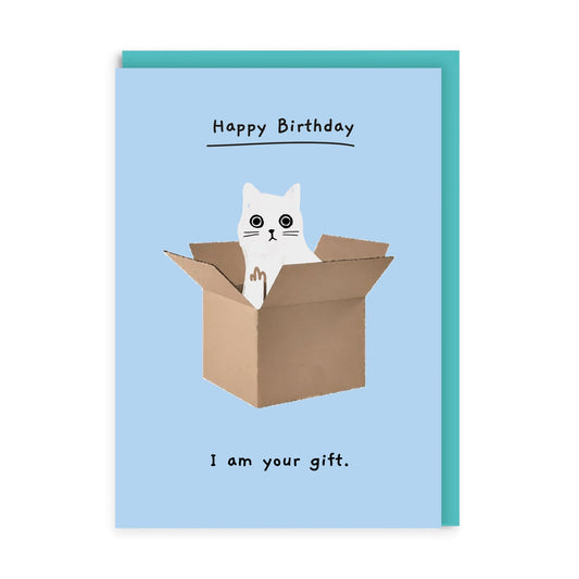 Blue Birthday card with Ken The Cat in a box with his mibble finger up. Text reads Happy Birthday, I Am Your Gift