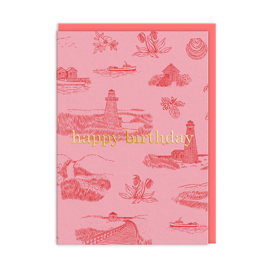 Pink Birthday Card with several lighthouse illustrations by Emily Taylor. Gold Foil text reads Happy Birthday
