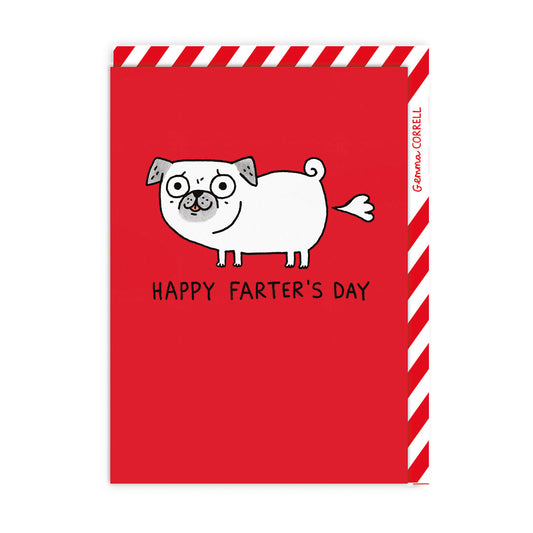 Red Father's Day Card with an illustration of a pug farting. Text reads "Happy Farter's Day"