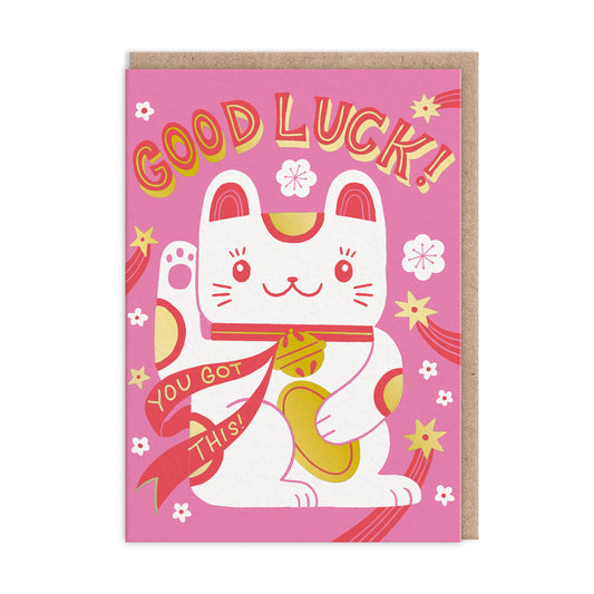 Bright pink Good Luck Card with a maneki-neko finished with gold foil. Text caption reads Good Luck, You Got This!