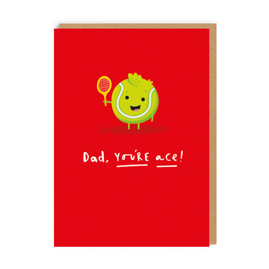 Red Father's Day Card with an ilustration of a cartoon tennis ball holding up a tennis racket. Text reads "Dad, You're Ace"