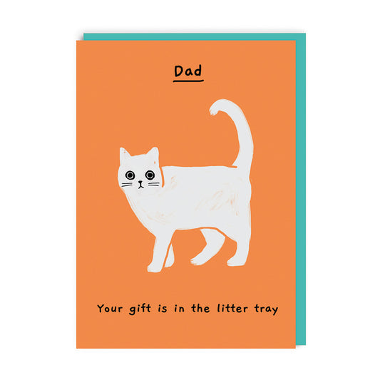Father's Day With a funny Cat Illustration. Text Reads "Dad, Your Gift Is In The Litter Tray: