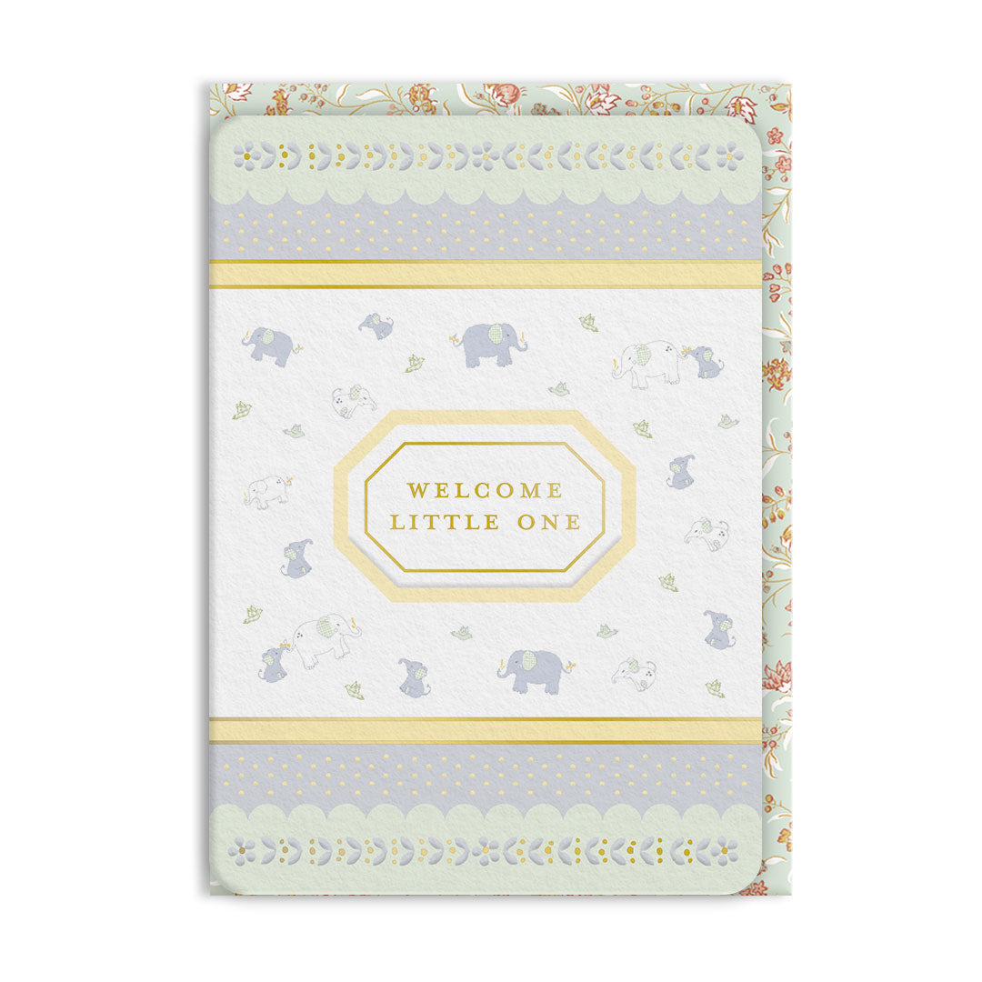 Welcome Little One Elephant Ditsy Greeting Card