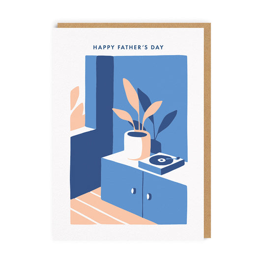 Artistic Father's Day Card with an illustration of a plant and record player on a shelf. Text reads "Happy Father's Day"
