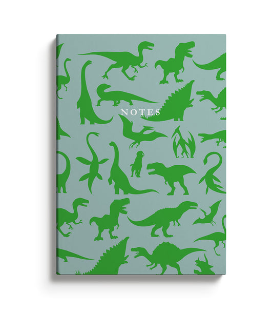 Green notebook with dinosaur repeat pattern