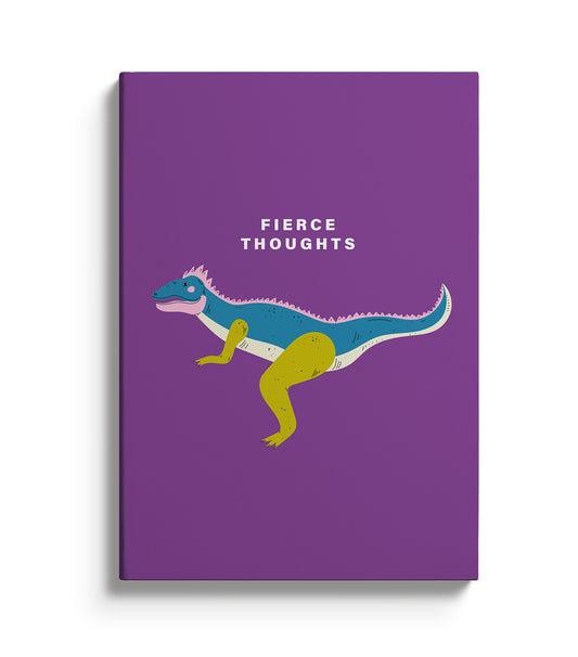 Purple notebook with a colourful dinosaur illustration. Text reads Fierce Thoughts