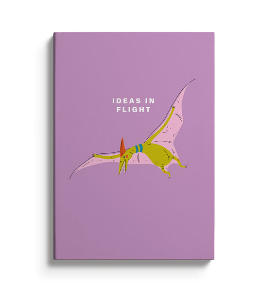 Purple notebook with a pterodactyl illustration. Text reads Ideas in flight