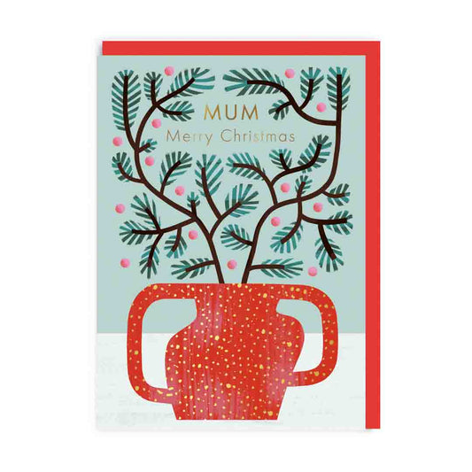 A Christmas card for mum with a christmas tree in a vase