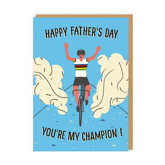 Father's Day Card with an illustration of a cheering cyclist. Text reads "Happy Father's Day, You're My Champion"