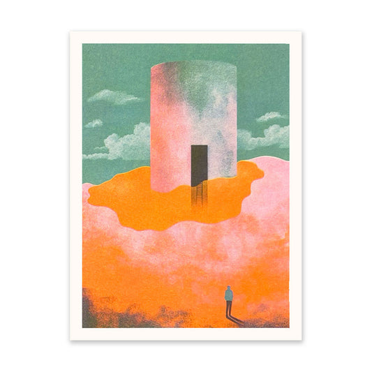 Figure and Tower In The Clouds Art Print