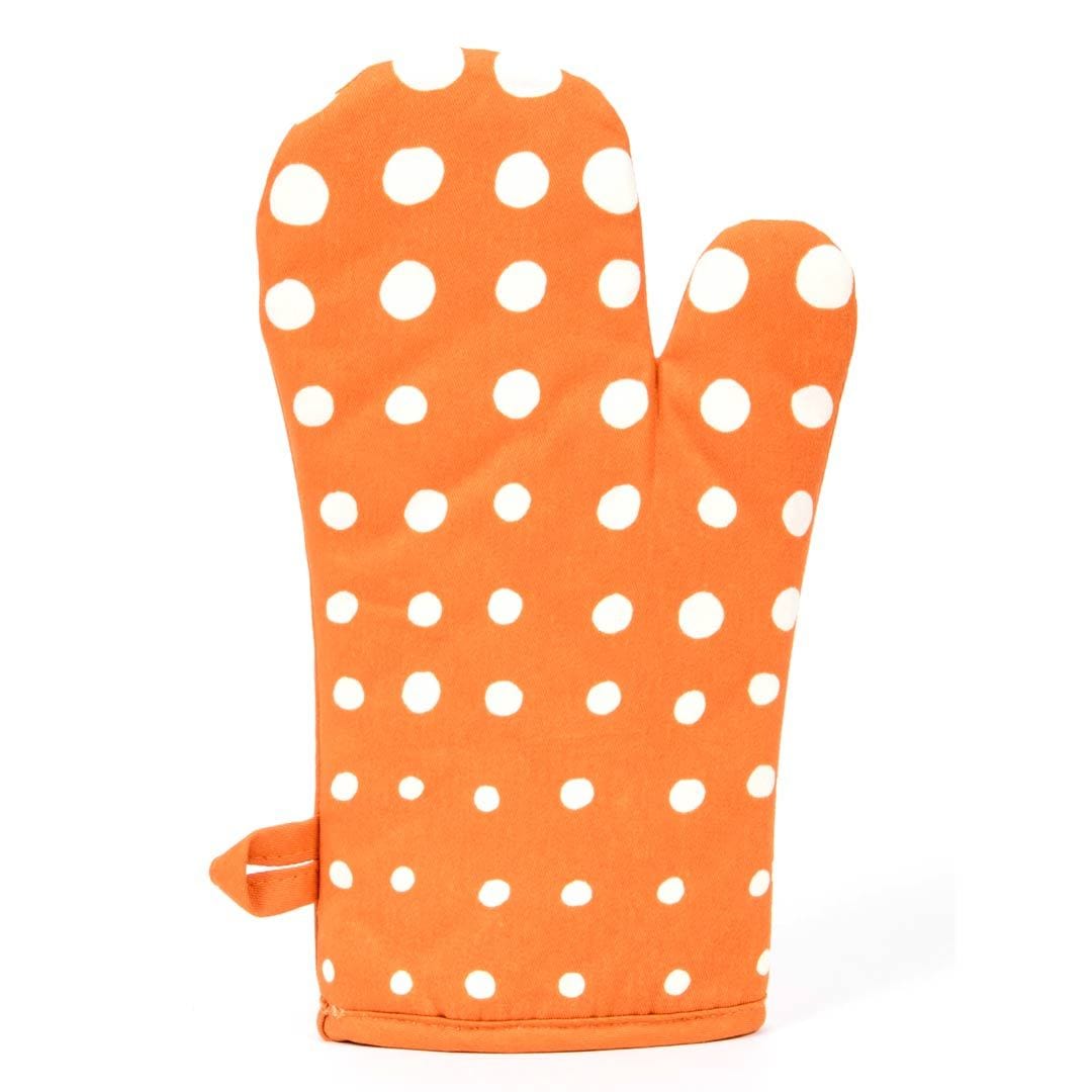 Palm view of orange oven glove with white dot pattern