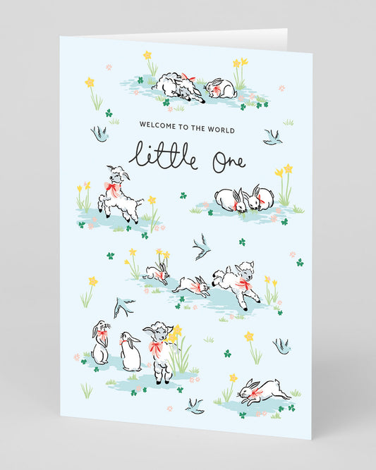 Personalised Hello Little One Lambs New Baby Card
