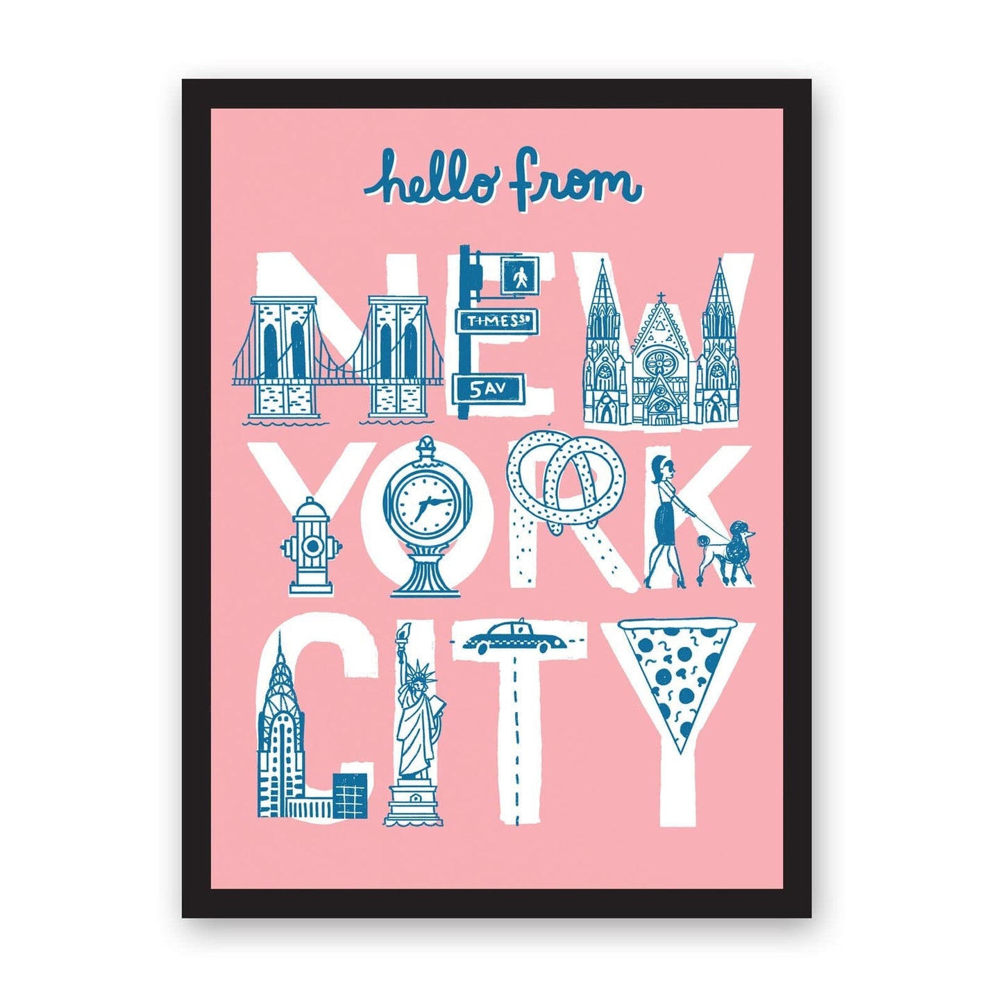 Pale pink art print with New York typography made of food and New York landmarks 